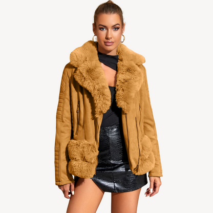 Warm Synthetic Leather Biker Jacket For Women Brown - OutfitLondon