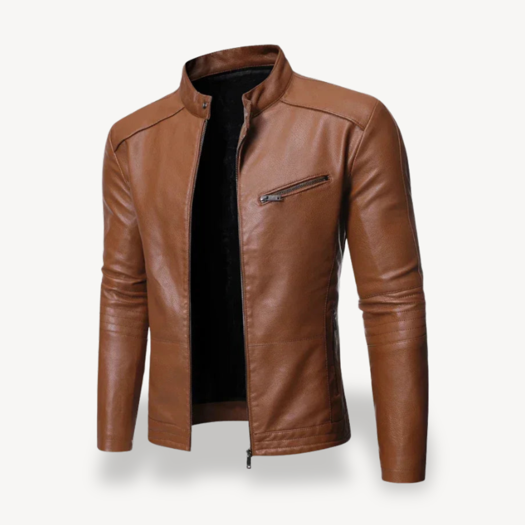 Classic Brown Leather Motorcycle Jacket Zip Up