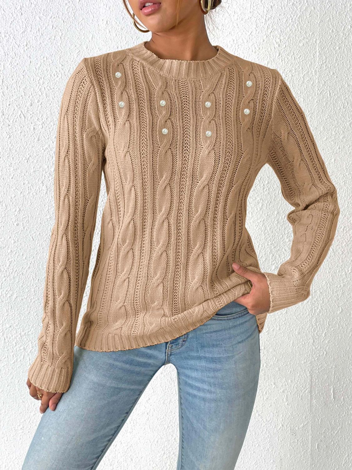 Cozy Ladies Cable Knit Jumper with Soft Cuffs - OutfitLondon