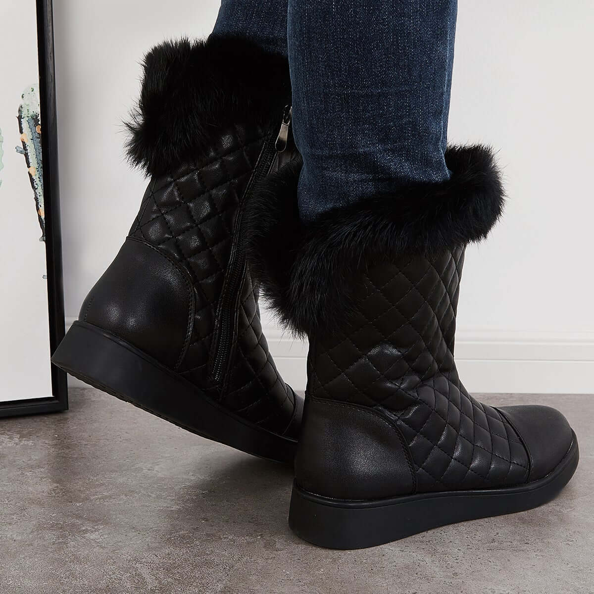Warm Faux Fur Mid Calf Snow Boots Side Zipper Winer Boots
