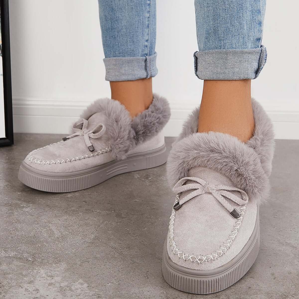 Suede Warm Flat Slip on Snow Boots Faux Fur Lined Loafer Shoes