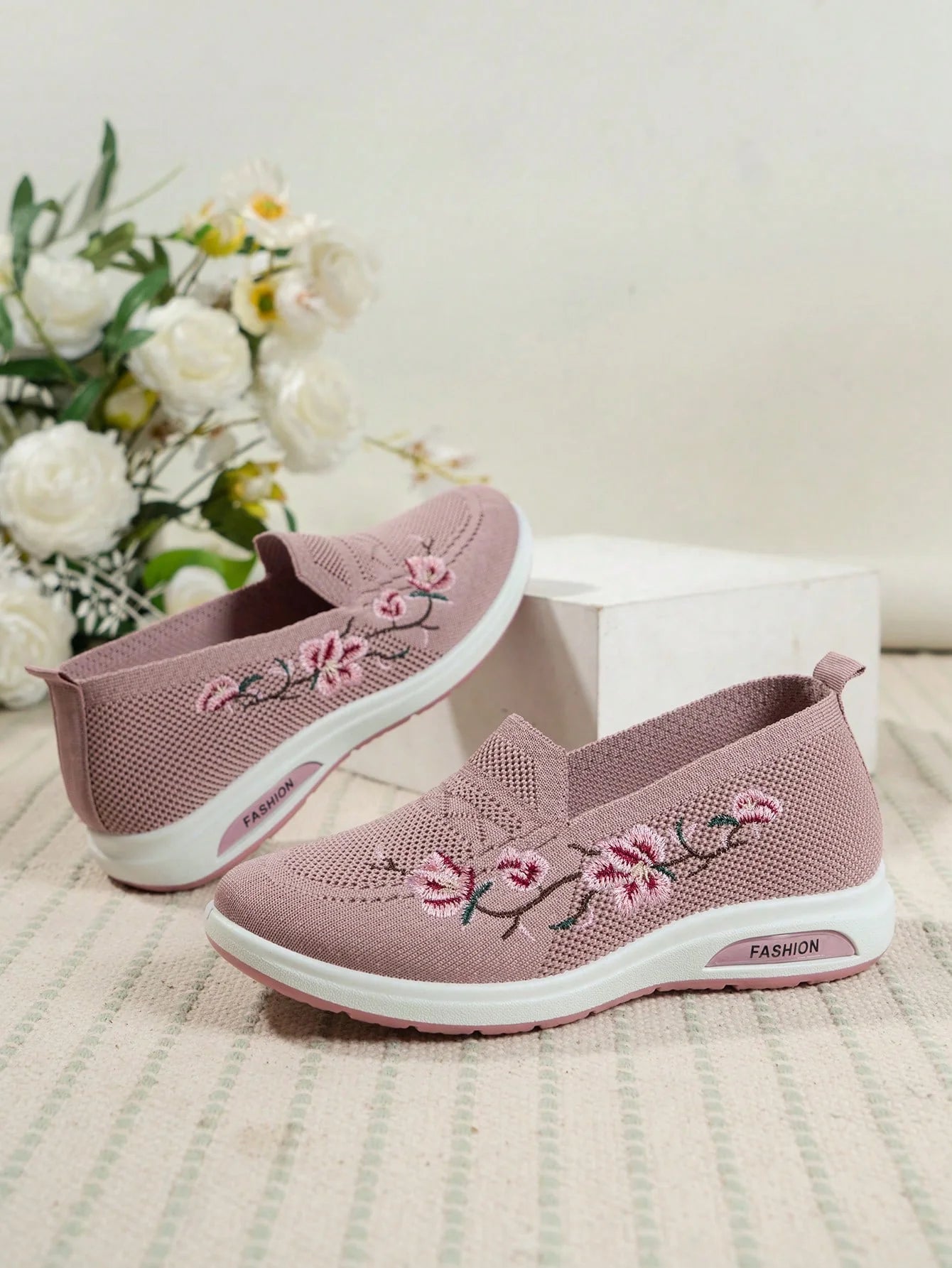 Sporty Sneakers For Women, Floral Embroidered Slip On Rocking Shoes