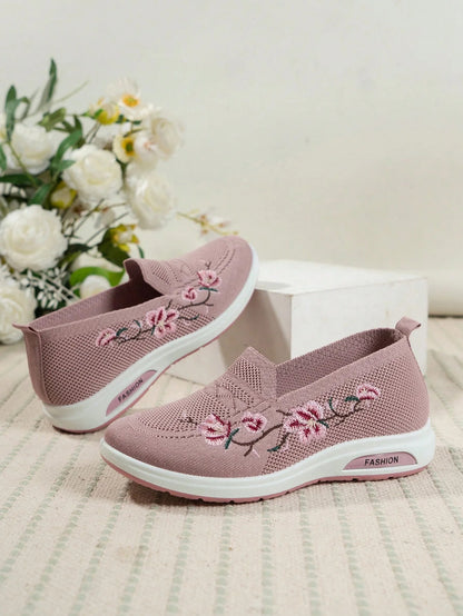 Sporty Sneakers For Women, Floral Embroidered Slip On Rocking Shoes