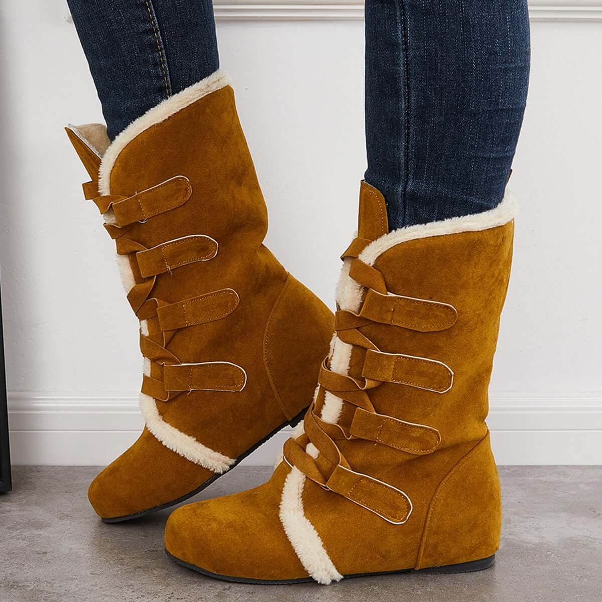 Warm Fur Mid Calf Snow Boots Wide Calf Hidden Wedge Boots