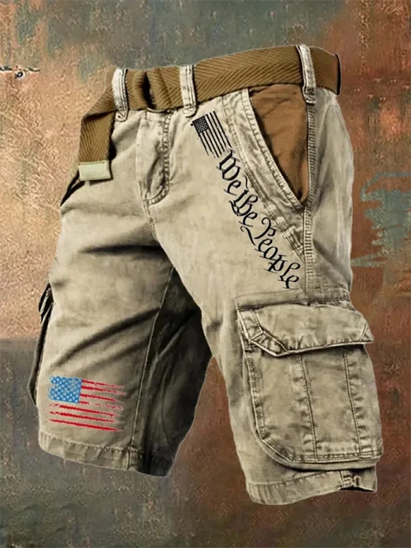 Men's Vintage Flag Independence Day Multi-Pocket Cargo Shorts