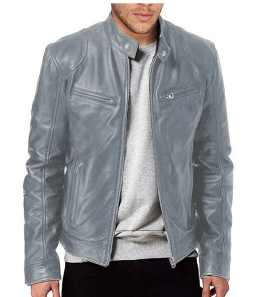 Faux Leather Biker Jacket with Upright Collar - OutfitLondon