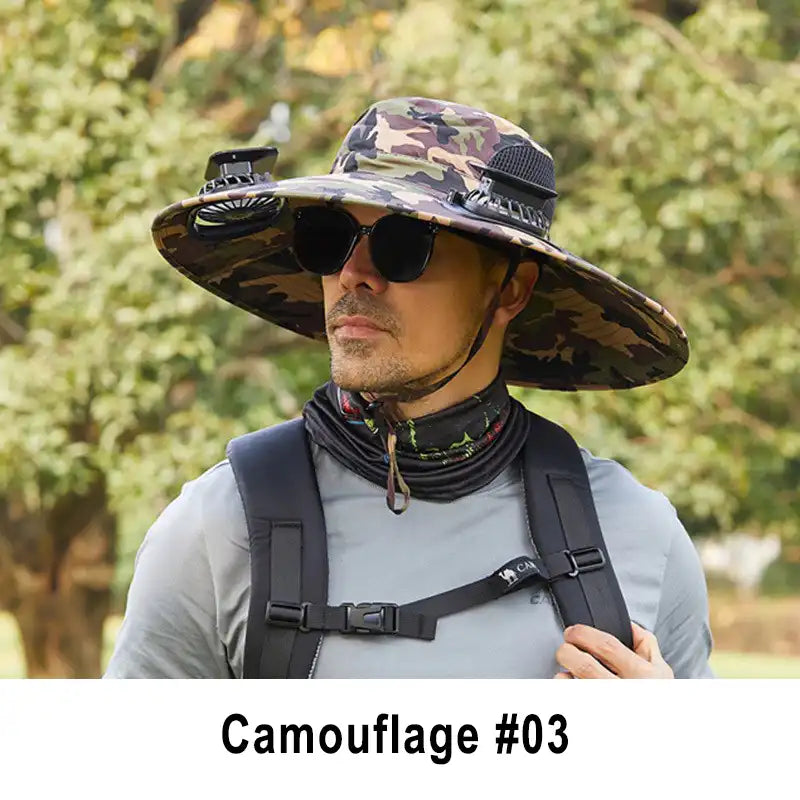 Men's Solar Fan Hat with 15cm Brim | Dual USB-Charged Ventilation & UV Protection for Hiking/Fishing