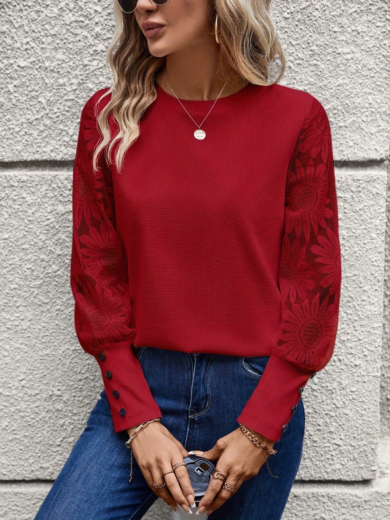 Women's Classic Floral Lace Top - Feminine Round Neck Tee