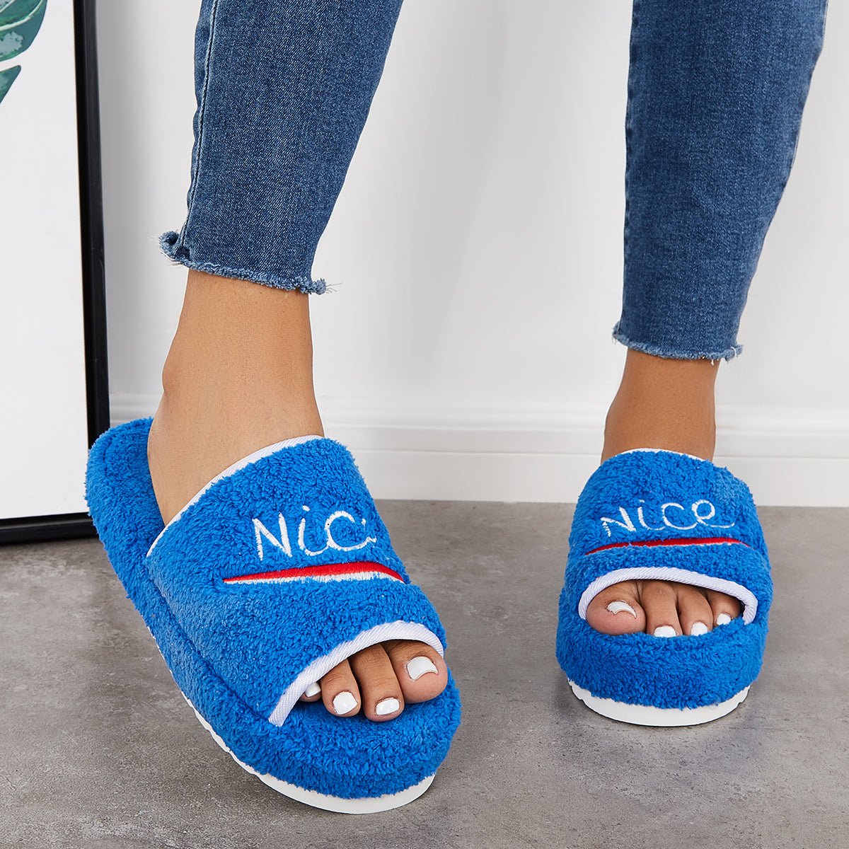 Warm Open Toe Flat Furry Slippers Cozy Slide Shoes