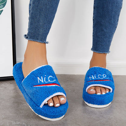 Warm Open Toe Flat Furry Slippers Cozy Slide Shoes