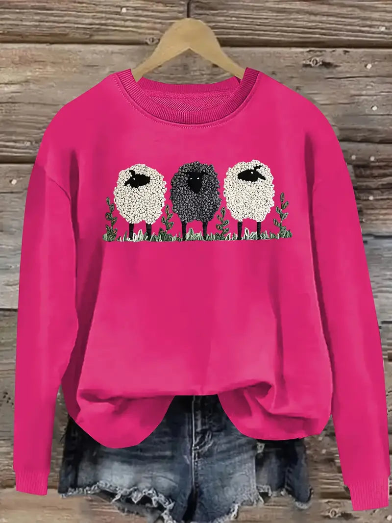 Soft Women's Crew Neck Sheep Pattern Sweater