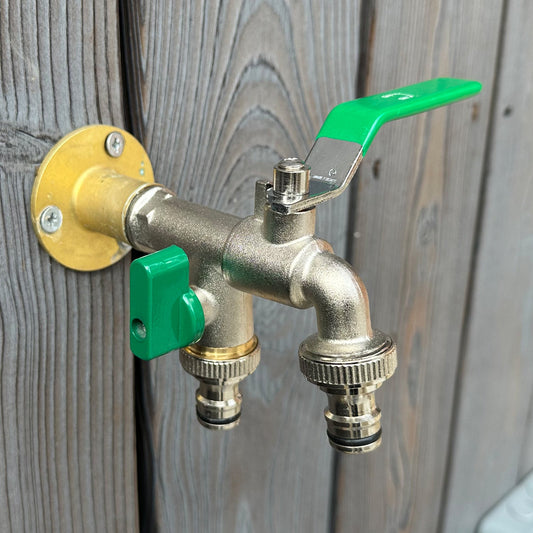Brass Nickel Plated ½ Double Outlet Garden Tap, 2 x ¾" Hose Connectors