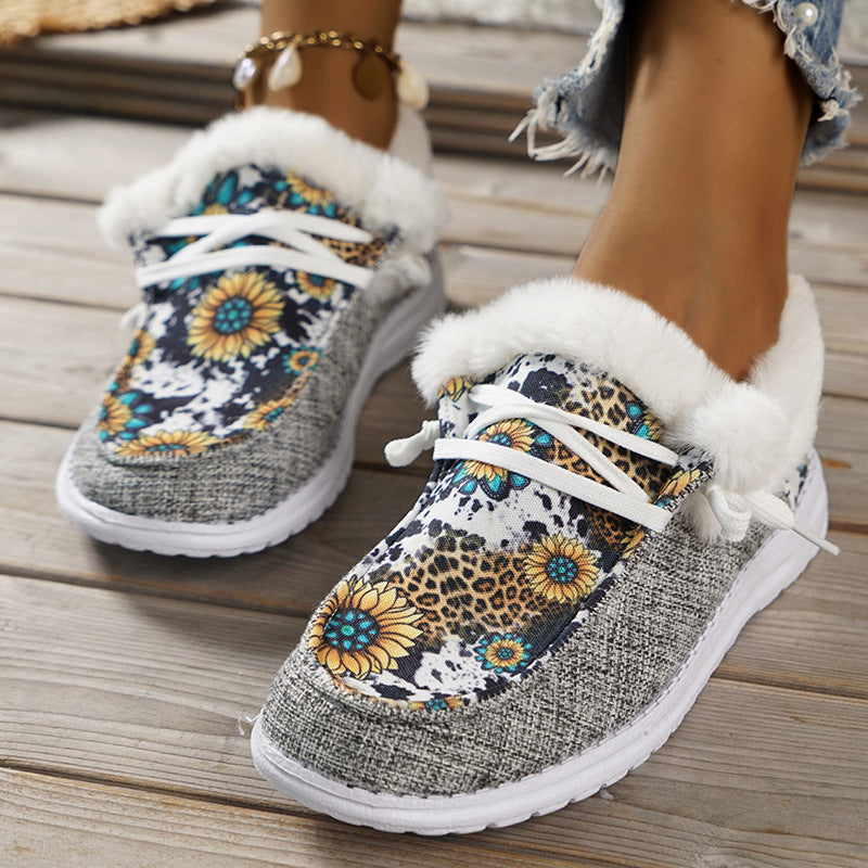 Wild Wendy Print Splicing Winter Flats Slip on Loafers Warm Fur Lined Ankle Boots