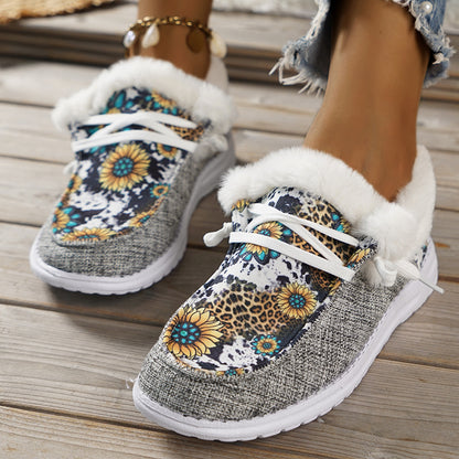 Wild Wendy Print Splicing Winter Flats Slip on Loafers Warm Fur Lined Ankle Boots