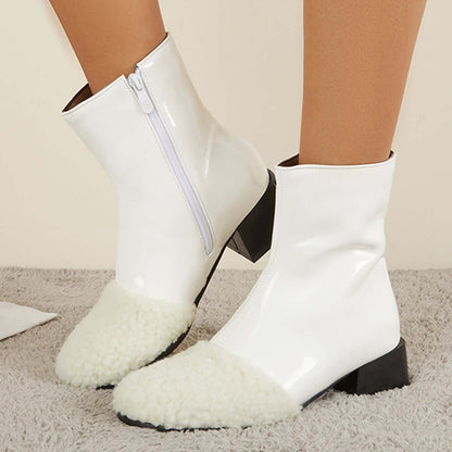 Winter Leather Waterproof Ankle Boots Block Heel Warm Snow Booties