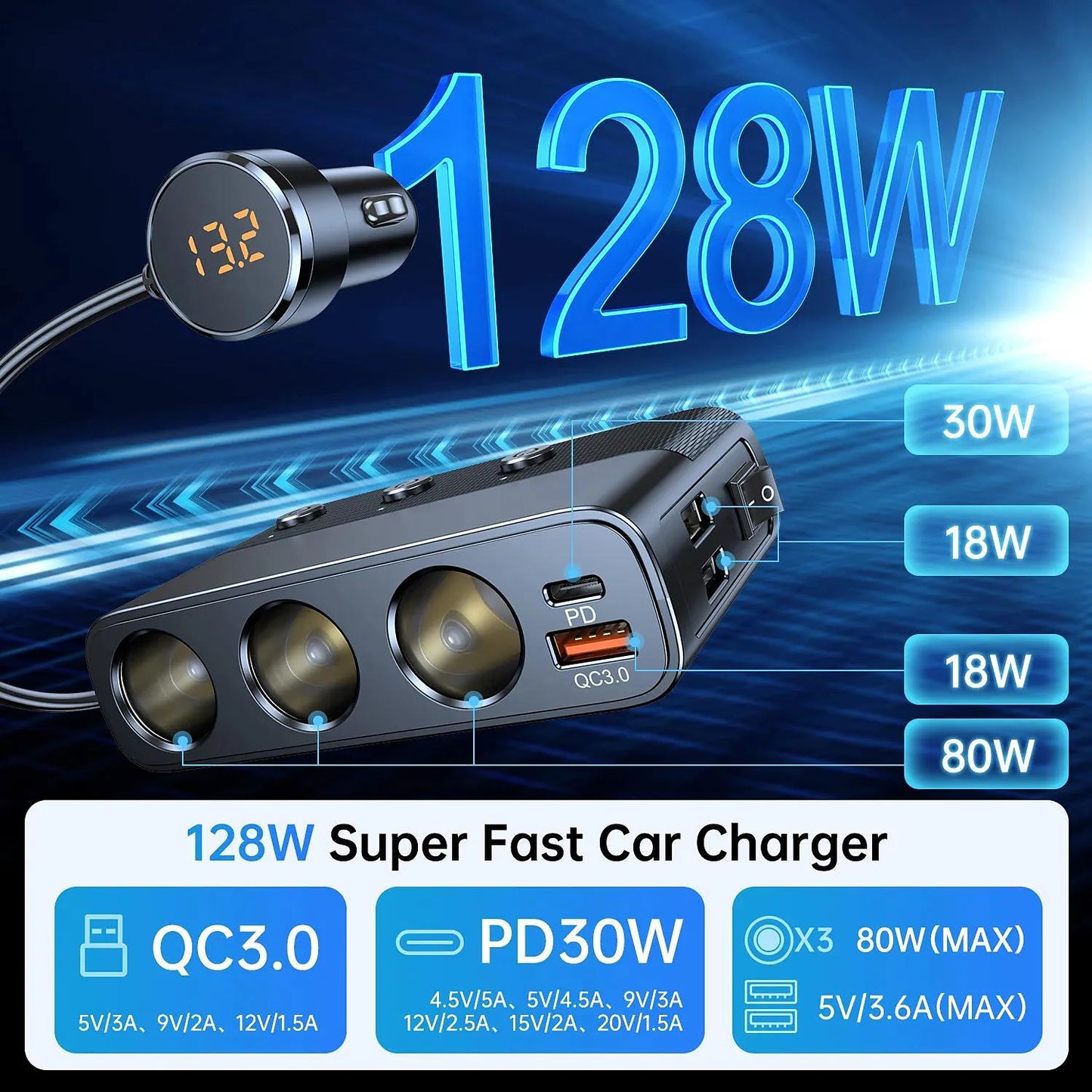 New 127w 7-in-1 Car Charger Splitter PD30w QC3.0 cigarette Lighter Adapter Car Cigarette Lighter Socket Splitter with Switch