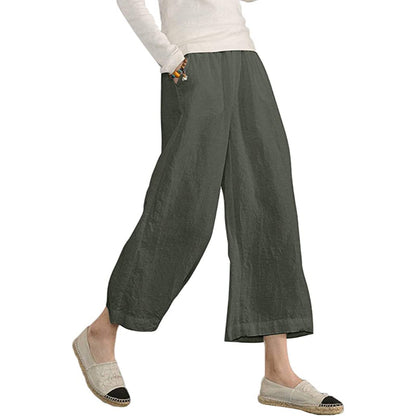 Women Loose Cotton Capris Cropped Wide Leg Pants