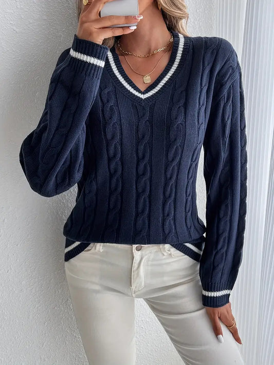 Soft Women's Cable Knit V-Neck Sweater - OutfitLondon