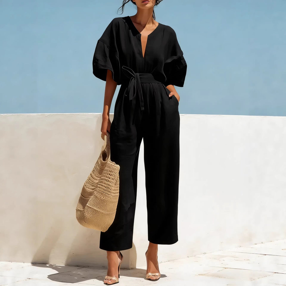 Women's Classic V-Neck Solid Color Jumpsuit