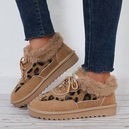 Leopard Lace Up Warm Flats Snow Boots Faux Fur Lined Loafer Shoes