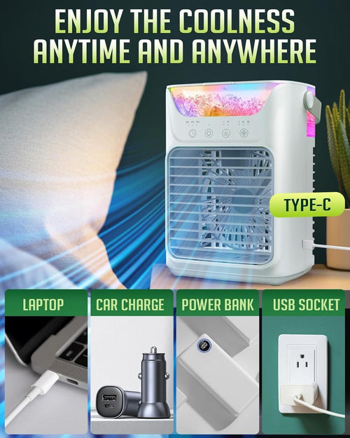 Portable Air Conditioner Fan – 3 Speeds & Colorful LED Lights