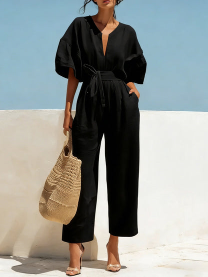 Women's Classic V-Neck Solid Color Jumpsuit