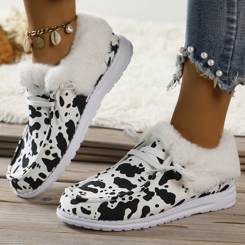 Wild Wendy Print Splicing Winter Flats Slip on Loafers Warm Fur Lined Ankle Boots
