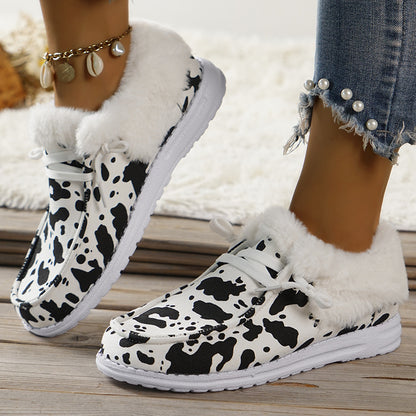 Wild Wendy Print Splicing Winter Flats Slip on Loafers Warm Fur Lined Ankle Boots