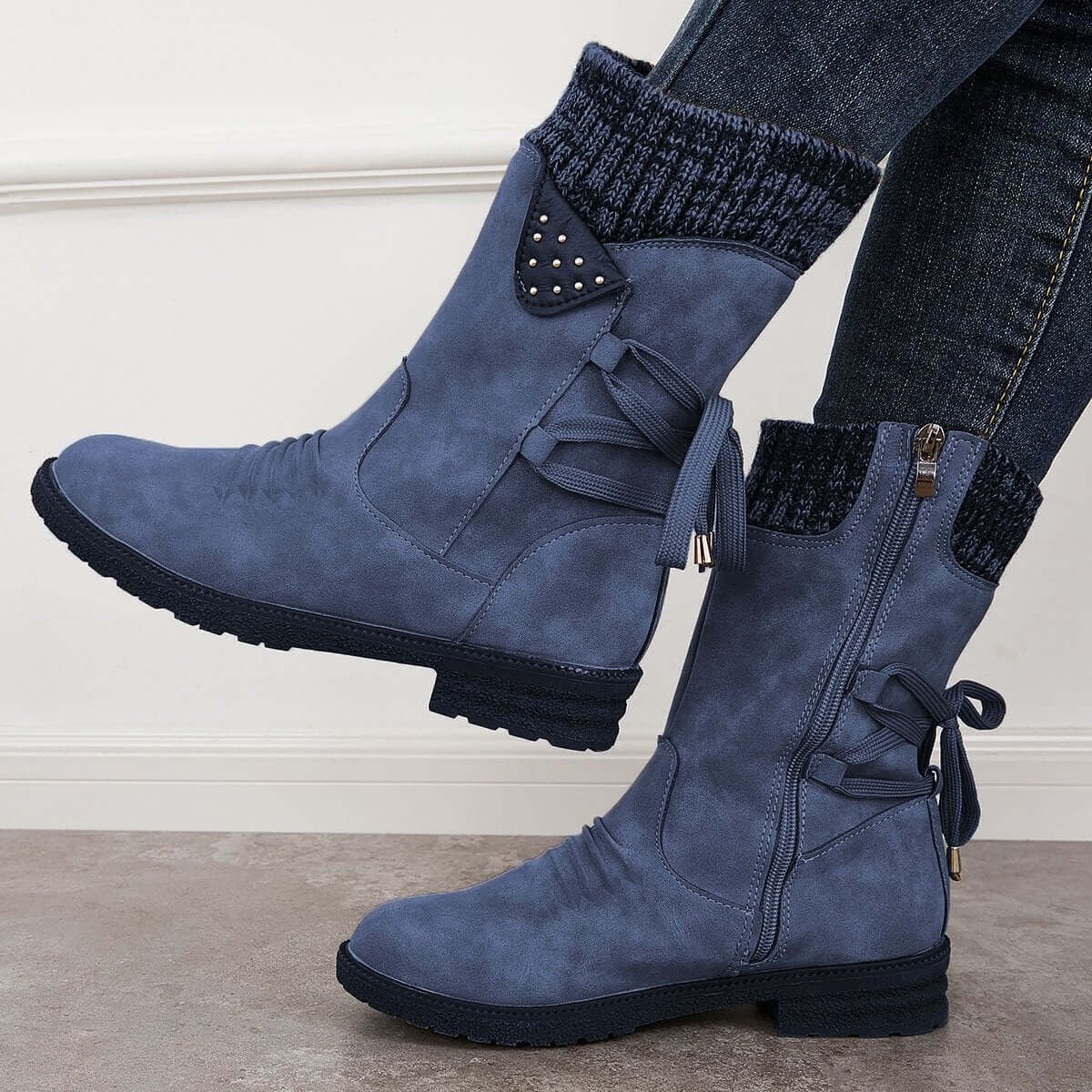 Waterproof Suede Block Heel Ankle Boots Side Zipper Booties