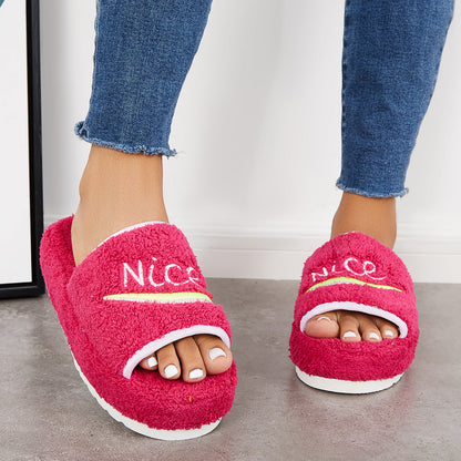 Warm Open Toe Flat Furry Slippers Cozy Slide Shoes