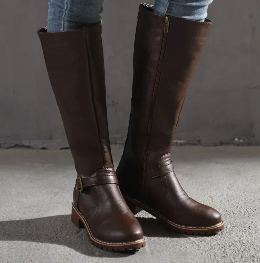 Women's Knee High Boots with Buckle Strap and Low Block Heel