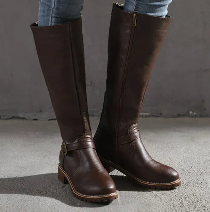 Women's Knee High Boots with Buckle Strap and Low Block Heel