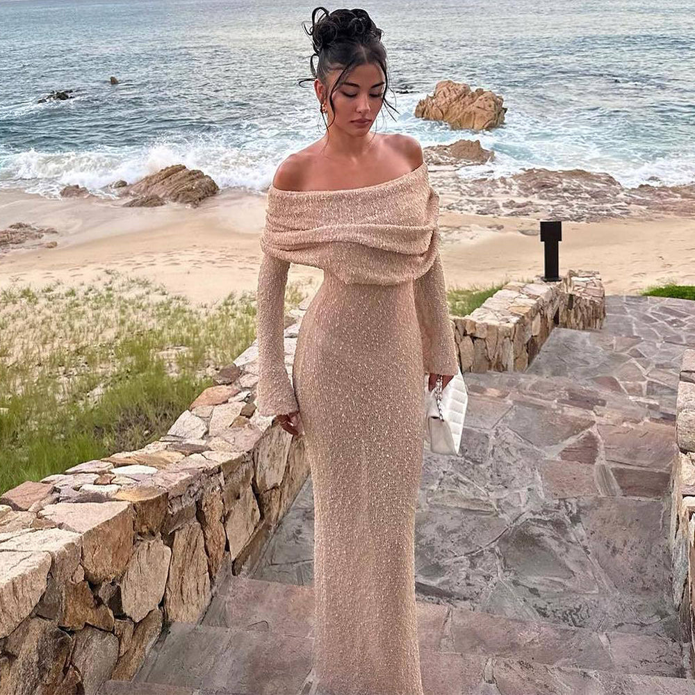 Women's Elegant Knitted Off-Shoulder Long Sleeve Dress
