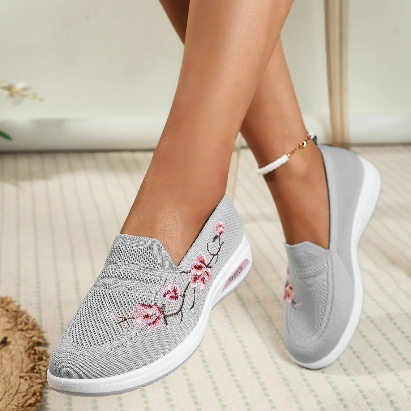 Sporty Sneakers For Women, Floral Embroidered Slip On Rocking Shoes