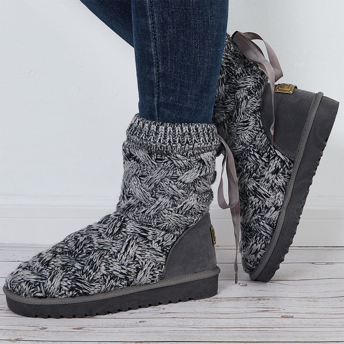 Knit Splicing Warm Ankle Boots Lace Up Winter Short Booties