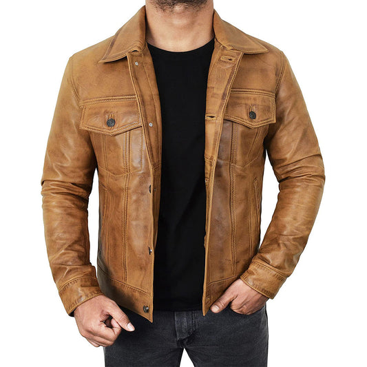 Men's Leather Trucker Jacket Brown Genuine Leather - OutfitLondon