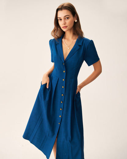 Camille | Pleated V-Neck Button Front Summer Dress