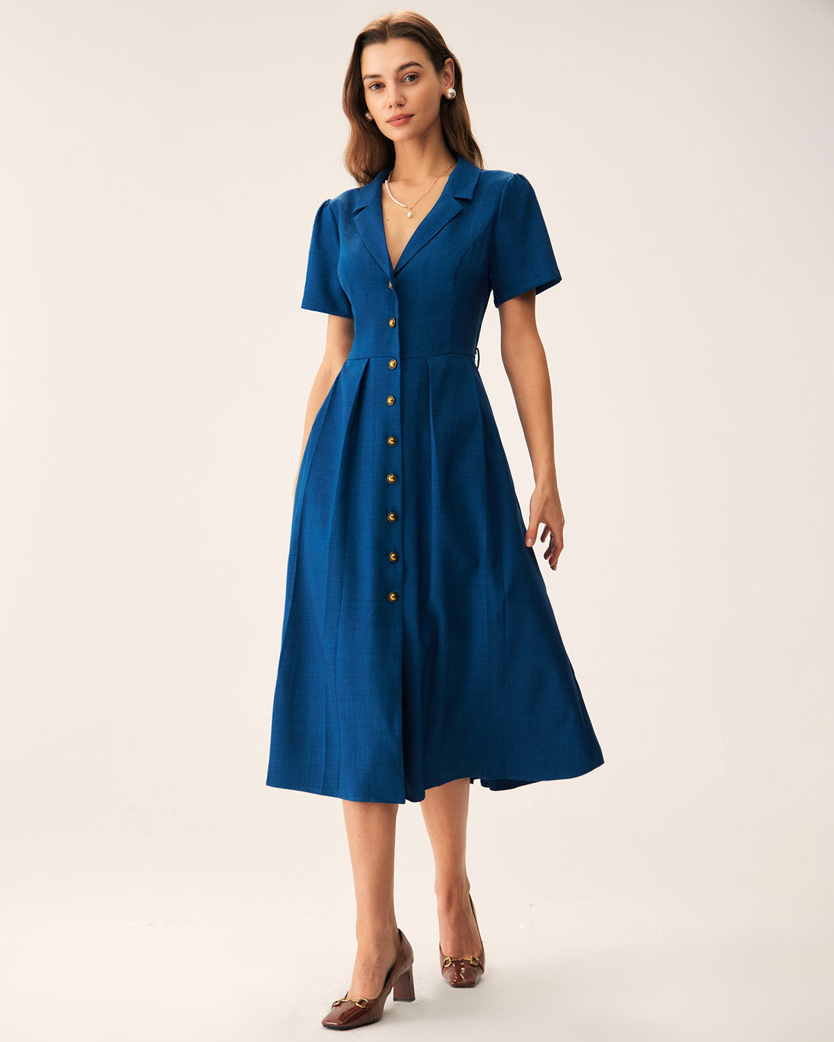 Camille | Pleated V-Neck Button Front Summer Dress