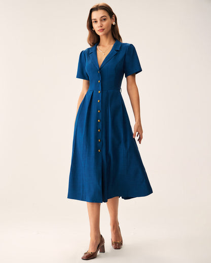 Camille | Pleated V-Neck Button Front Summer Dress