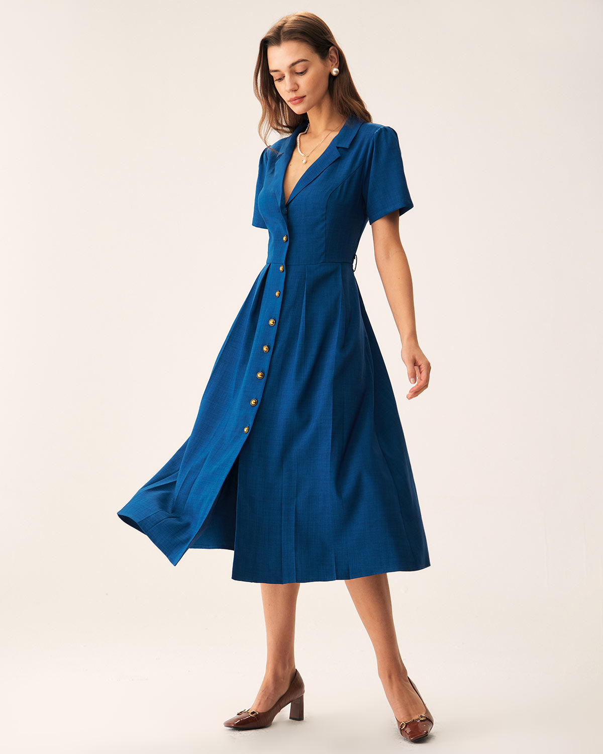 Camille | Pleated V-Neck Button Front Summer Dress