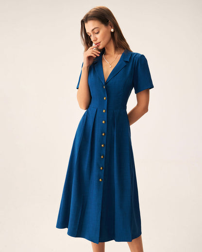 Flowy V Neck Summer Dress with Buttons - OutfitLondon