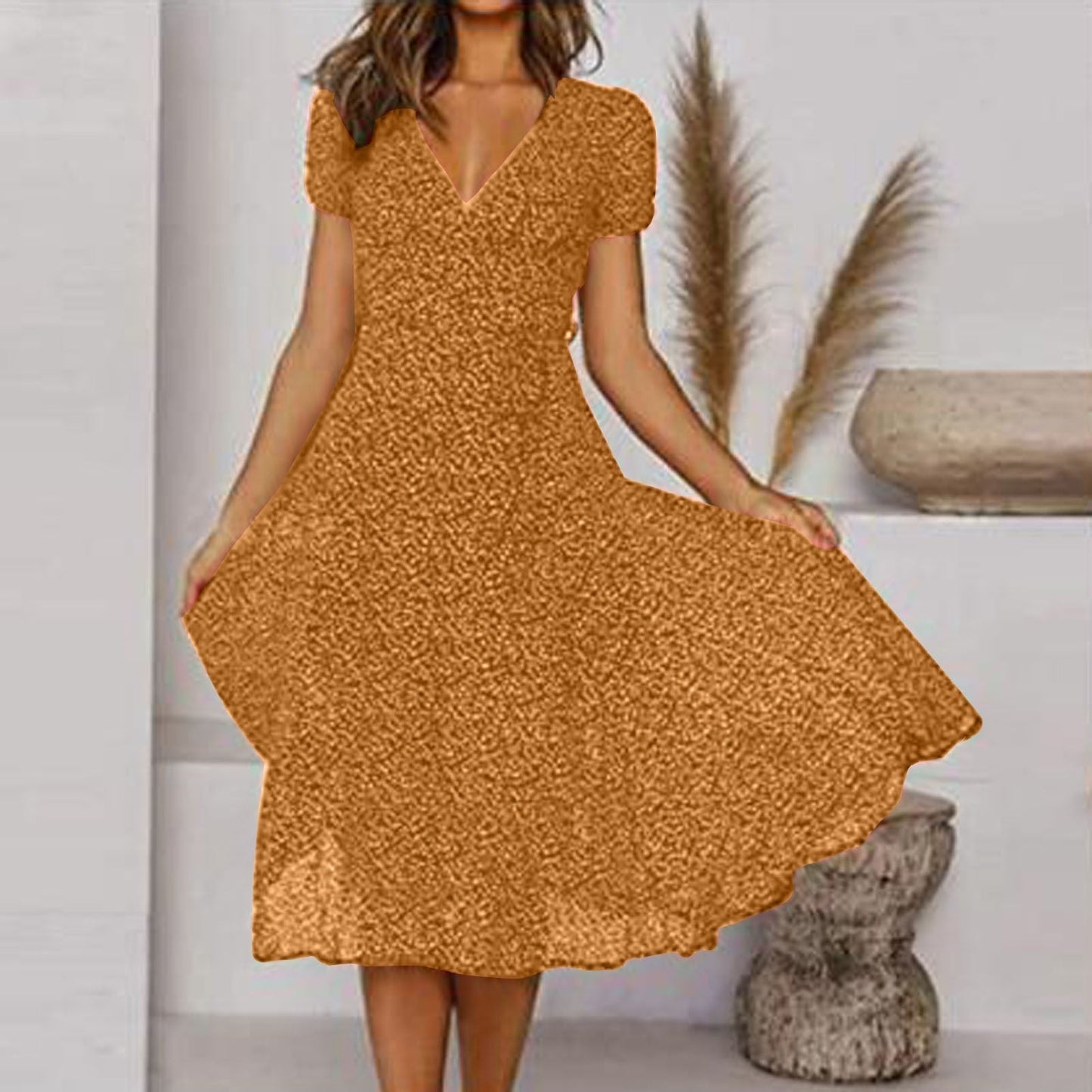 Elegant V-Neck Midi Dress for Women