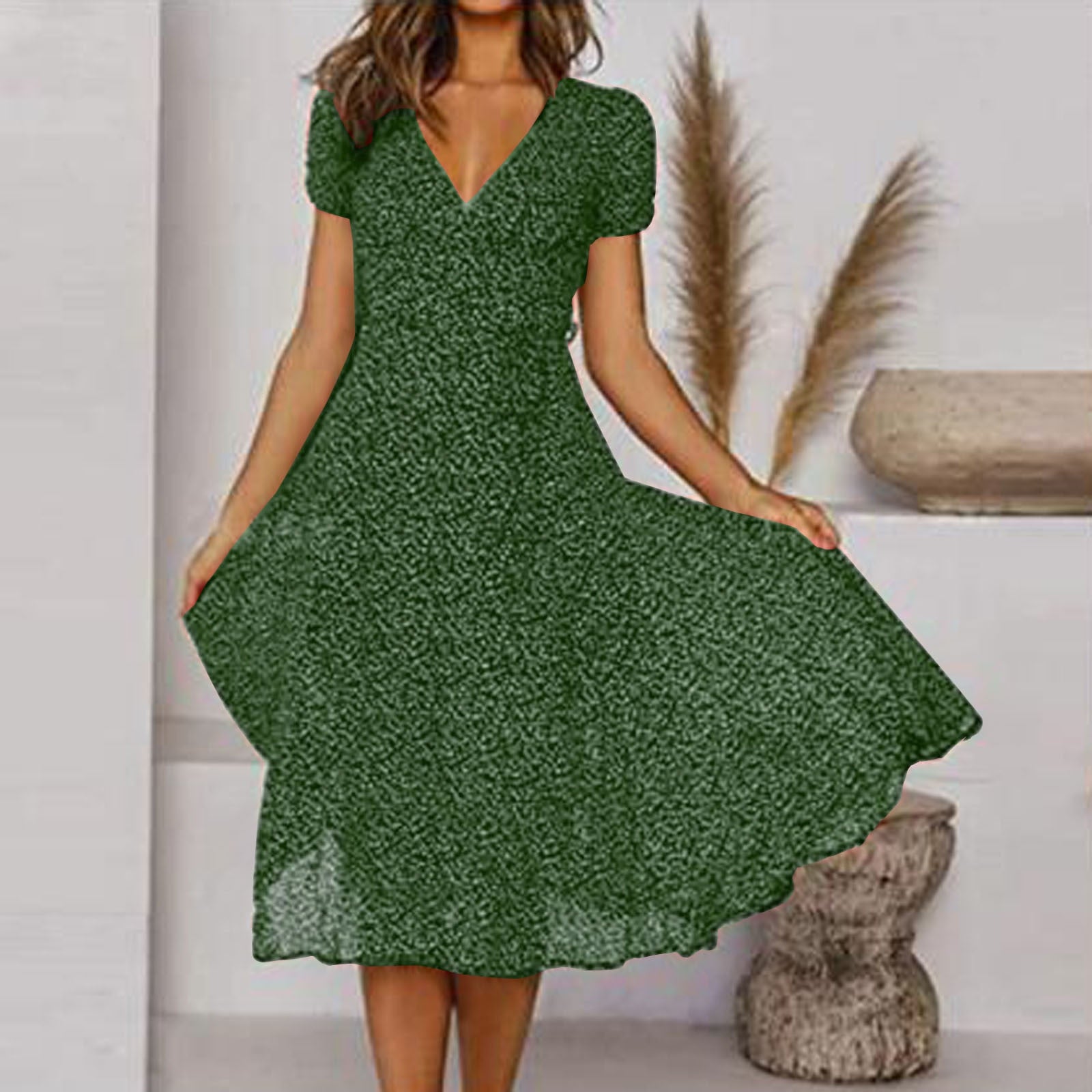 Elegant V-Neck Midi Dress for Women - OutfitLondon