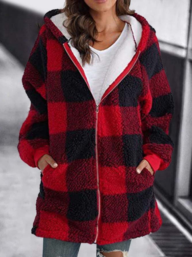 Large Plaid Zip Up Fleece Jacket
