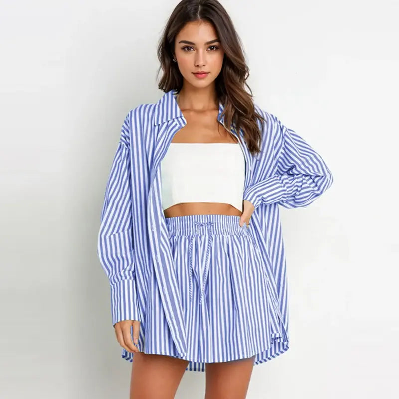 Casual Stripe Button Down Shirt and Shorts Set