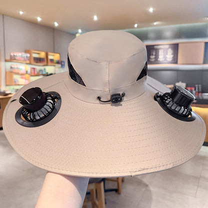 Men's Solar Fan Hat with 15cm Brim | Dual USB-Charged Ventilation & UV Protection for Hiking/Fishing