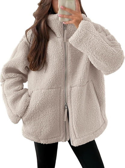 Women's Casual Fleece Zip-Up Coat with Lapel and Pockets