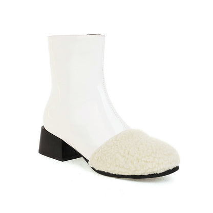 Winter Leather Waterproof Ankle Boots Block Heel Warm Snow Booties