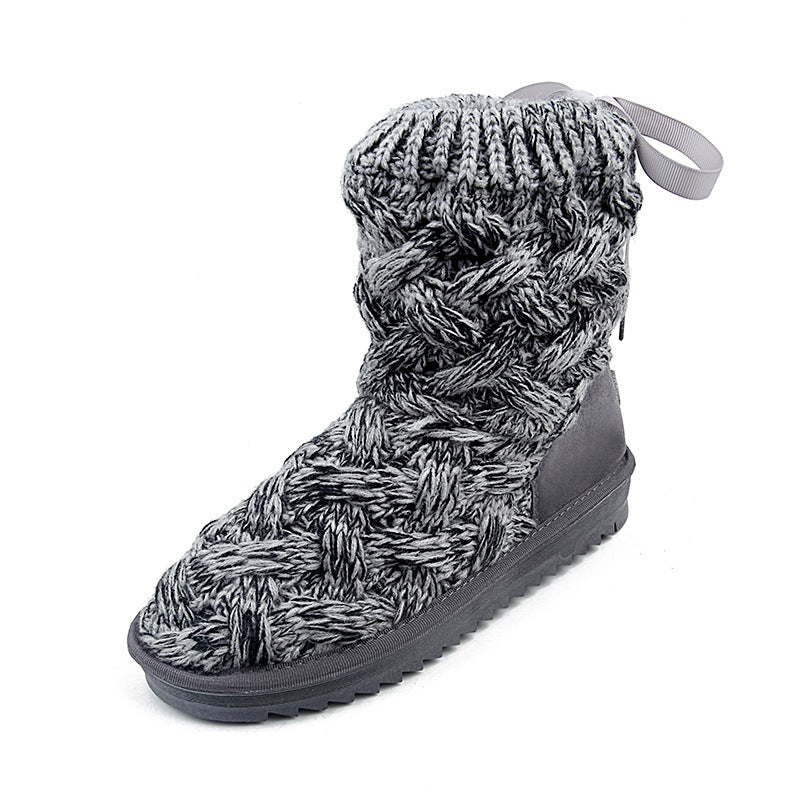 Knit Splicing Warm Ankle Boots Lace Up Winter Short Booties