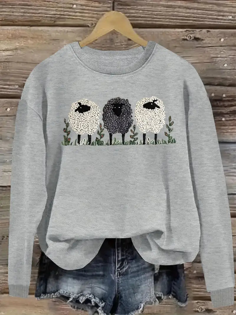 Soft Women's Crew Neck Sheep Pattern Sweater - OutfitLondon